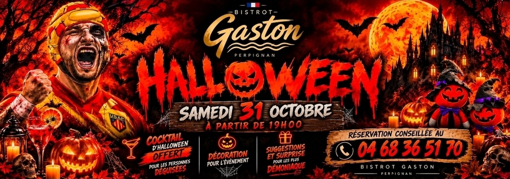 Bistrot Gaston Perpignan : affiche de la soirée Halloween du 31 octobre 2026 dès 19 h, avec cocktail offert aux personnes déguisées et animations.