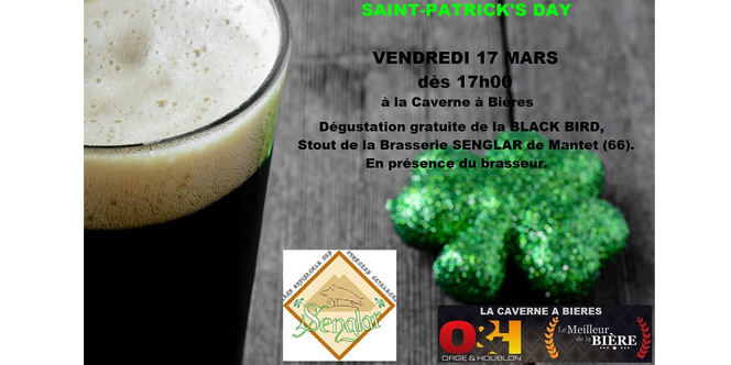 La Caverne à bières Perpignan fête la Saint Patrick le 17 mars avec la dégustation gratuite de la Black Bird de la brasserie Senglar de Mantet. La Caverne à bières Perpignan fête la Saint Patrick le 17 mars avec la dégustation gratuite de la Black Bird de la brasserie Senglar de Mantet.
