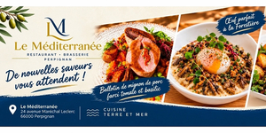 Le Méditerranée Perpignan : visuel de la nouvelle carte avec ballotin de porc farci tomate et basilic, œuf parfait à la forestière et tataki de magret de canard.