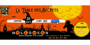 La Table des Secrets Perpignan : affiche de la soirée Halloween du 31 octobre 2026 au Méga Castillet, avec repas dansant, DJ et cocktail offert aux personnes déguisées.